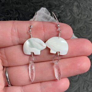 White Nacre Mother of Pearl Polar Zuni Bear and Ice Drop Earrings